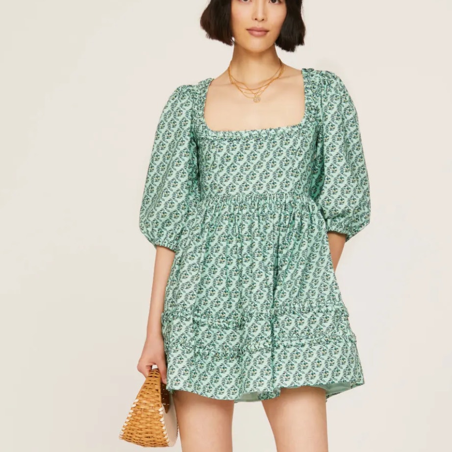Rhode Green Calico Peasant Mini Dress Size 14 Fit & Flare Cottage Designer $475